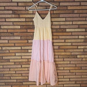 RIVER ISLAND XS Shirred Contrast Tiered Midi Beach Dress In Pink